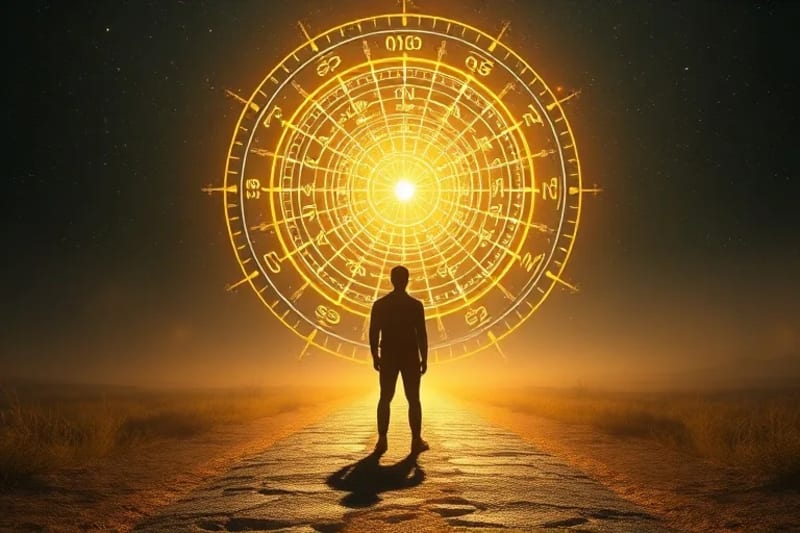 Person meditating on an astrological chart path, symbolizing annual growth and destiny with cosmic energies.