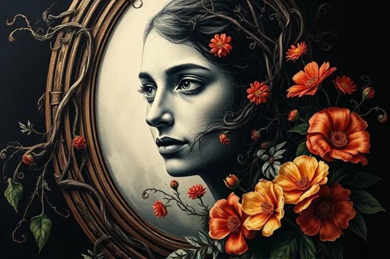 Ancient mirror reflecting an illuminated face, framed by dark vines transforming into flowers, symbolizing shadow integration and self-acceptance.