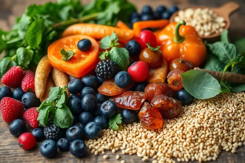 Still life of colorful, healthy foods for gut health