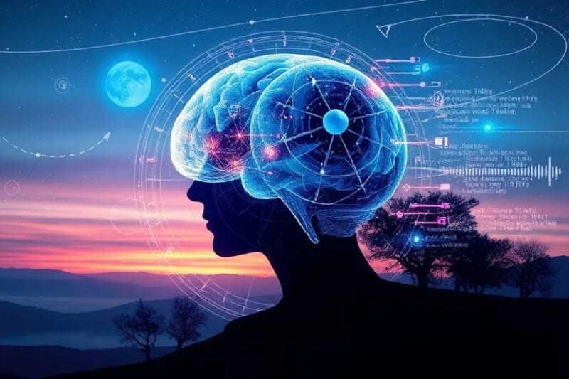 Representación digital de brainwaves y símbolos planetarios