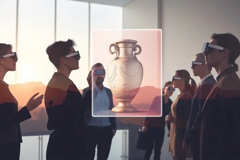 Personas interactuando con proyecciones holográficas de artefactos históricos