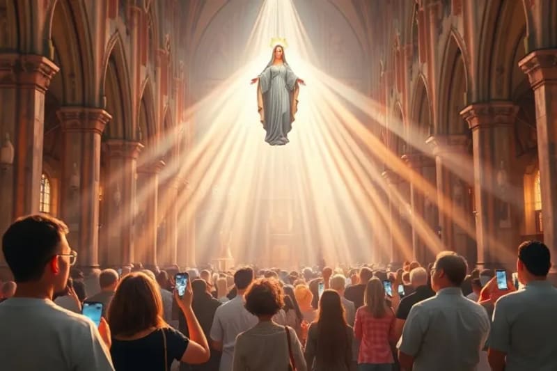 Grupo diverso de personas conectadas digitalmente, protegidas por una luz divina, con la silueta de la Virgen María observando.