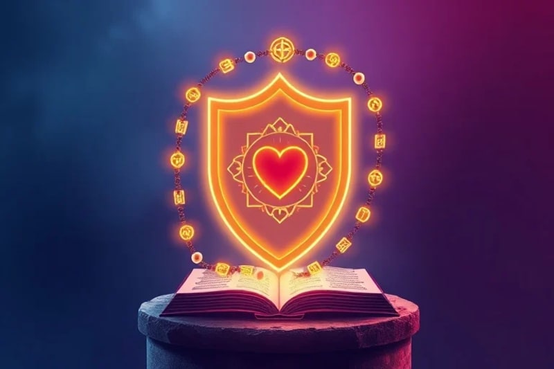Ilustración de un rosario entrelazado con código binario, formando un escudo con el Corazón Inmaculado de María en el centro.
