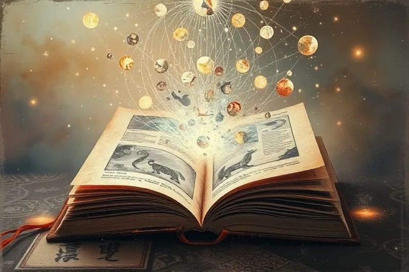 An open book with swirling light revealing zodiac symbols and personal memories