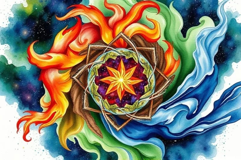 Abstract watercolor of five interconnected Chinese elements