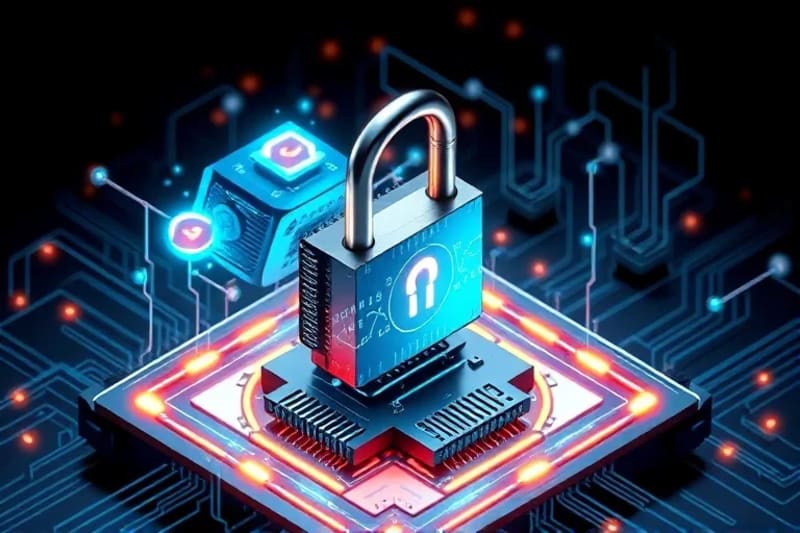 Vector art of quantum computer breaking padlock