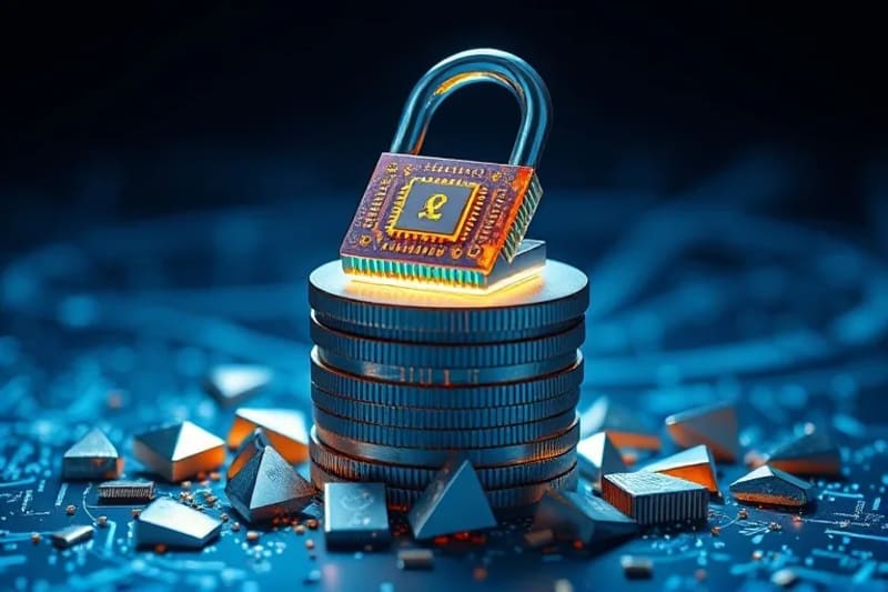 3D render of quantum chip on crypto coins