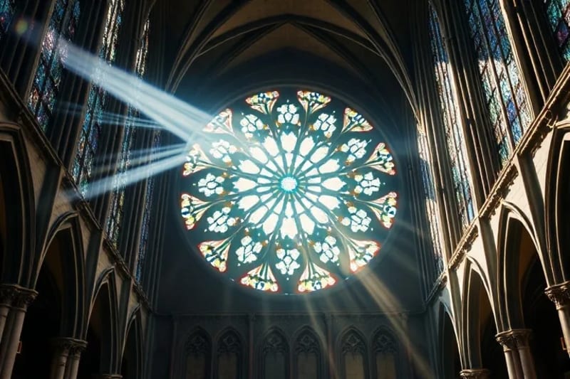 Ventanal de catedral con geometría sagrada y luz etérea