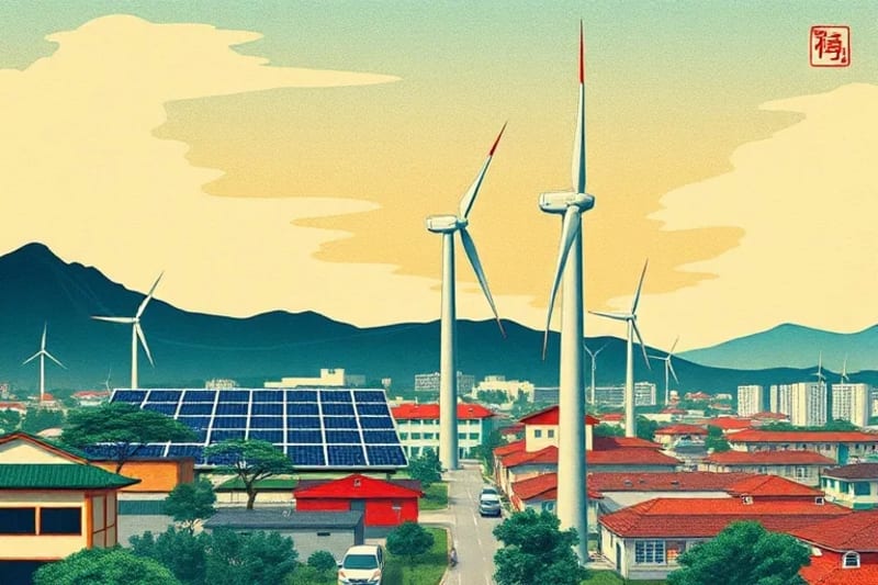 Digital painting of a wind turbine and solar panels in a vibrant, clean landscape, symbolizing sustainable energy.