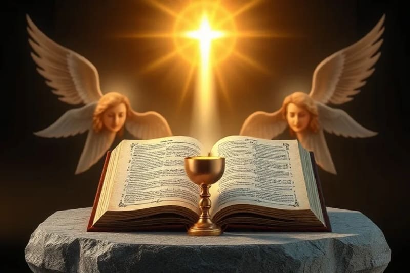Cáliz y hostia con luz brillante y coro angelical 3D
