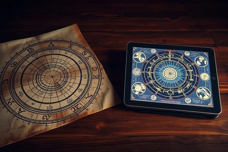 Ancient astrological charts and modern digital tablets with zodiac and planetary symbols