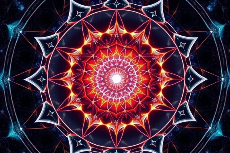 Abstract geometric patterns and light streams converging towards a glowing sphere, with subtle astrological symbols