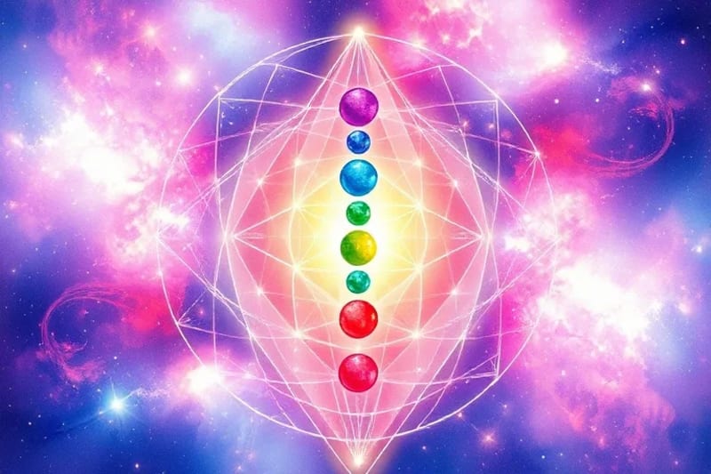 Representación artística de los siete chakras con colores vibrantes y energía fluida