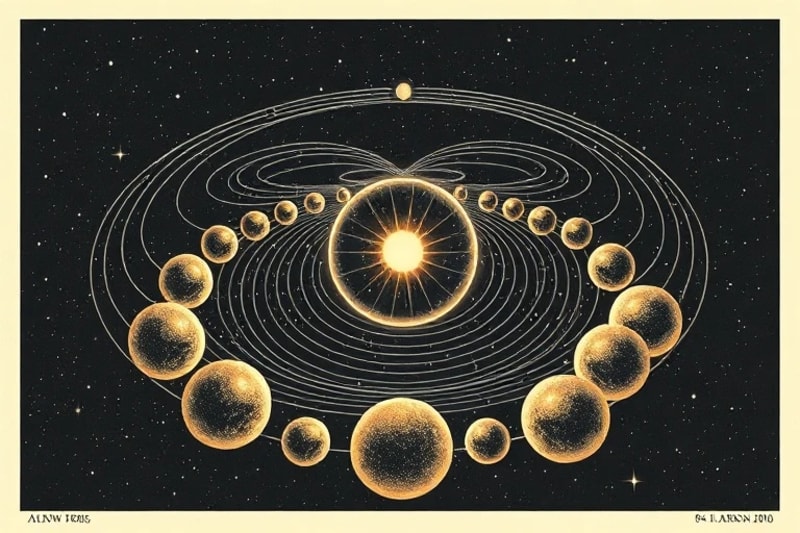 Esferas cósmicas emitiendo ondas de sonido y luz, representando la música de las esferas