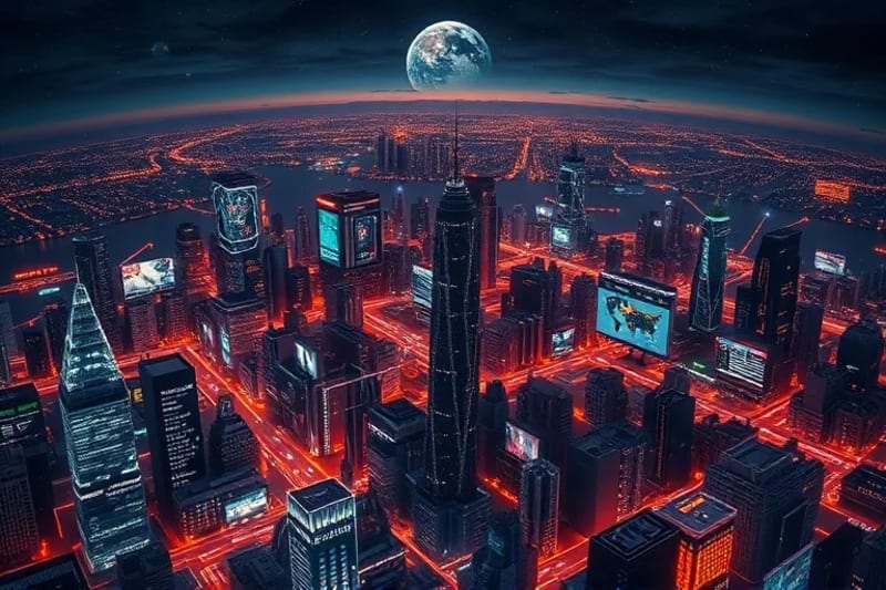 Caótico collage digital de ciudades modernas y símbolos apocalípticos