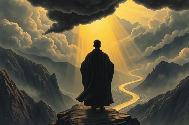 Pintura al óleo de una figura serena en un acantilado, con luz divina rompiendo nubes de tormenta