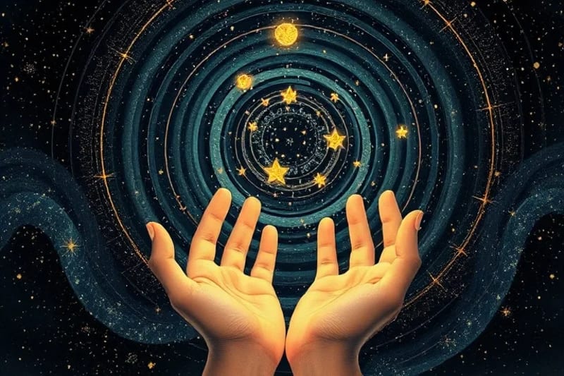 Digital art depicting hands releasing glowing seeds into a swirling vortex of starlight and astrological symbols, symbolizing manifestation.