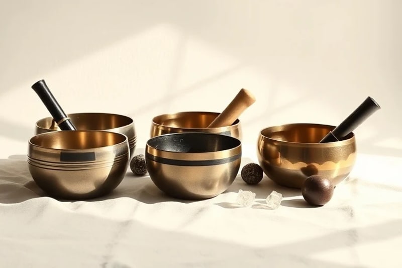 Arreglo artístico de cuencos tibetanos, cuencos de cristal y gongs, con hilos de luz vibrantes simbolizando la sanación energética.