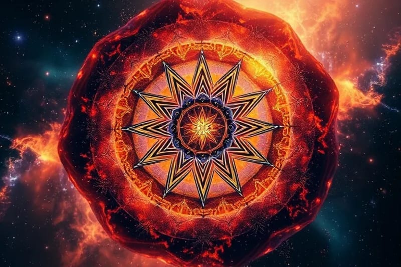 Vórtice abstracto de colores vibrantes y luz, representando la transformación y liberación de energía kármica, con símbolos antiguos integrados.