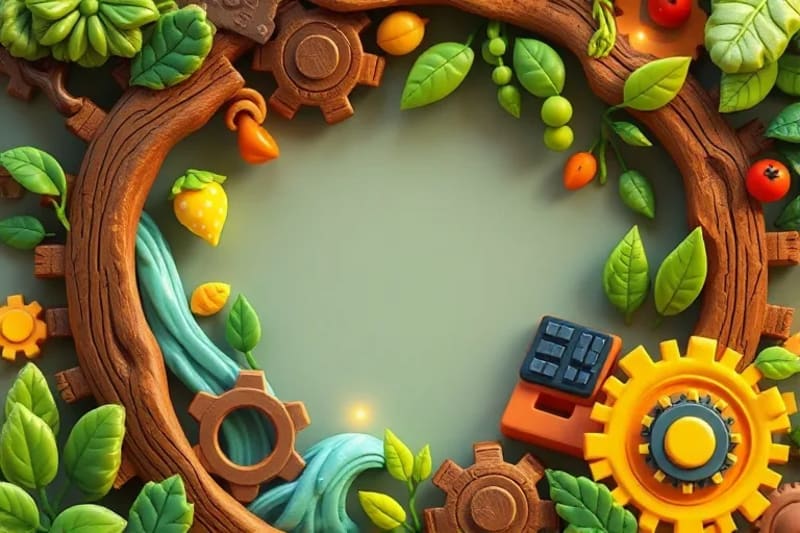 Digital painting illustrating a circular economy with interlocking natural and technological elements.