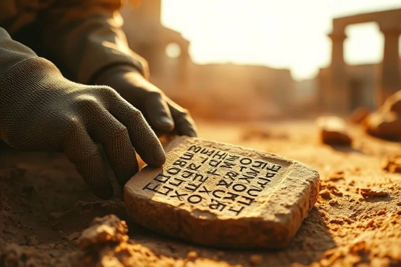 Arqueólogo desenterrando una tablilla antigua con escritura cuneiforme.