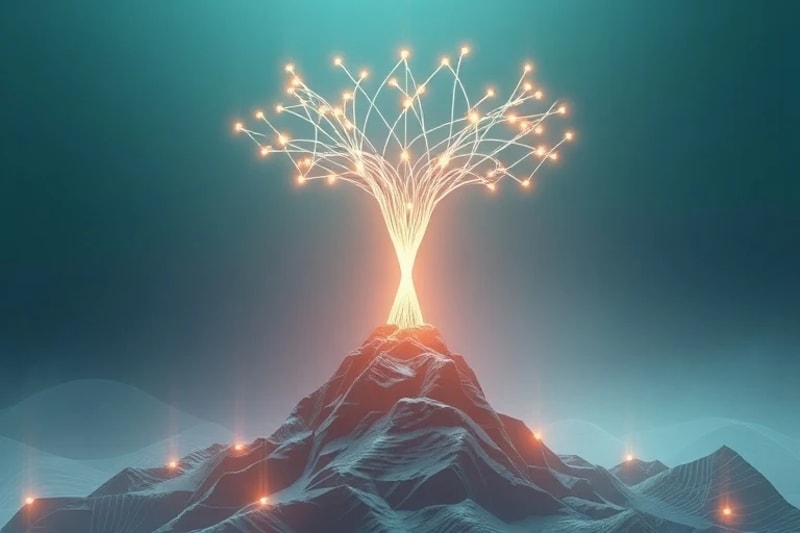 Abstract 3D render of glowing, intertwined lines ascending, symbolizing growth and positive impact.
