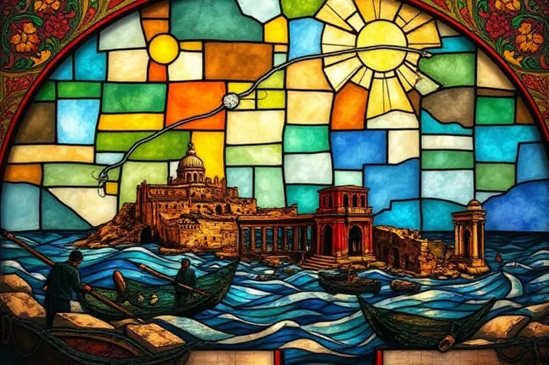 Pintura al óleo de las ruinas de la antigua ciudad de Tiro con pescadores.