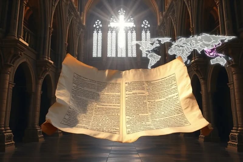 Representación 3D de un pergamino antiguo con texto hebreo y proyecciones holográficas de herramientas arqueológicas.
