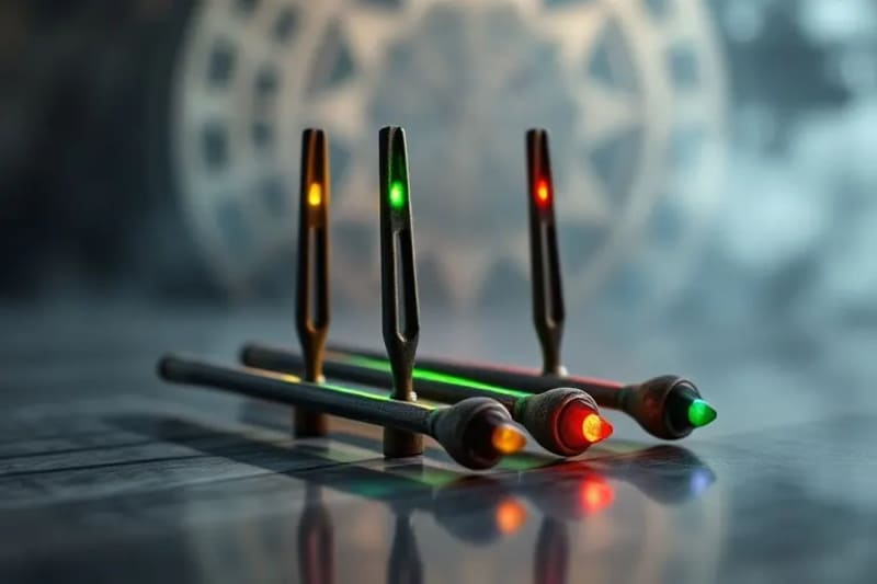 Still life composition featuring ancient, weathered musical tuning forks, each emitting a distinct, softly glowing aura