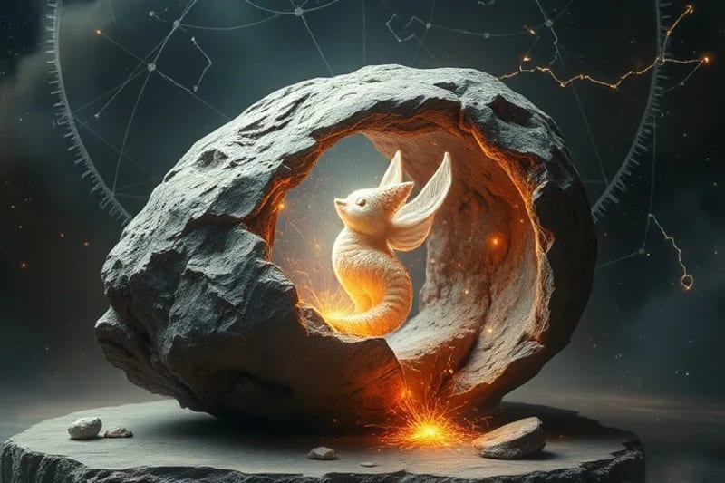 Pintura digital de una crisálida de piedra, de la cual emerge una forma translúcida y luminosa, rodeada de hilos de luz etéreos. Simboliza la liberación de patrones ancestrales y el renacimiento espiritual.