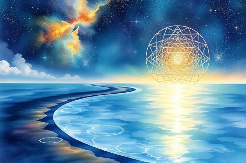 Ilustración acuarela de un río sinuoso que desemboca en un vasto océano brillante bajo un cielo constelado. Simboliza el flujo de la vida, la liberación de cargas pasadas y la expansión hacia el potencial futuro del alma.