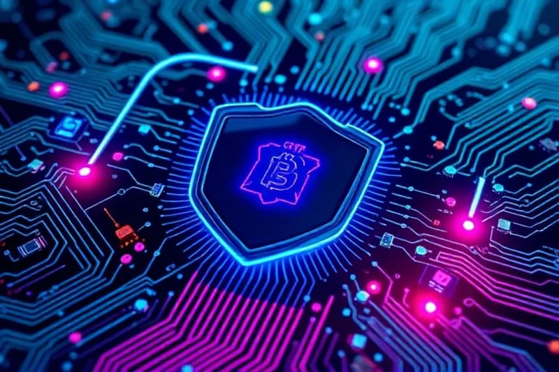 Ilustración vectorial de un escudo digital protegiendo nodos de blockchain y datos encriptados, representando ciberseguridad avanzada en el metaverso.
