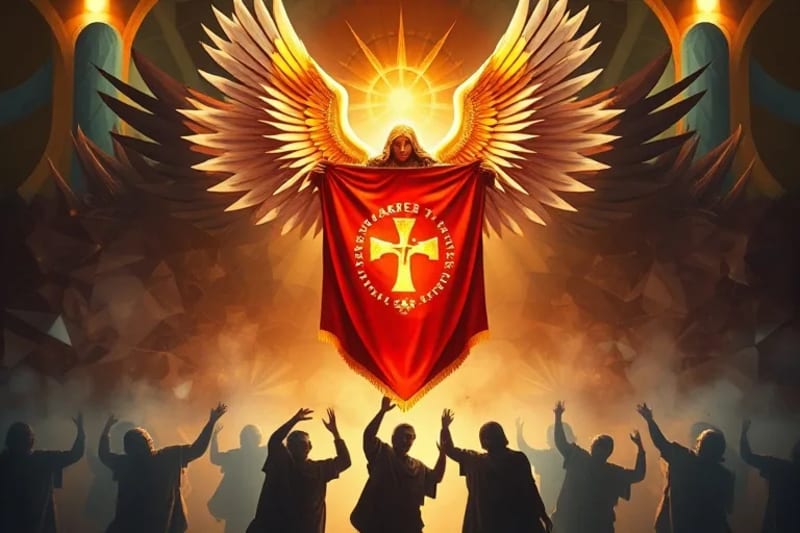 Batalla espiritual con ángeles y símbolo mariano