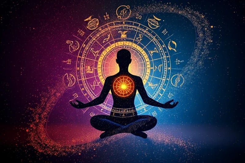Human silhouette meditating amidst swirling planetary symbols