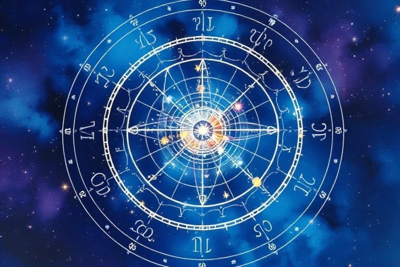 Mapa astral con conexiones planetarias y un vórtice de energía