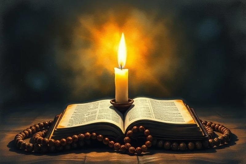 Vela encendida con rosario y Biblia abierta