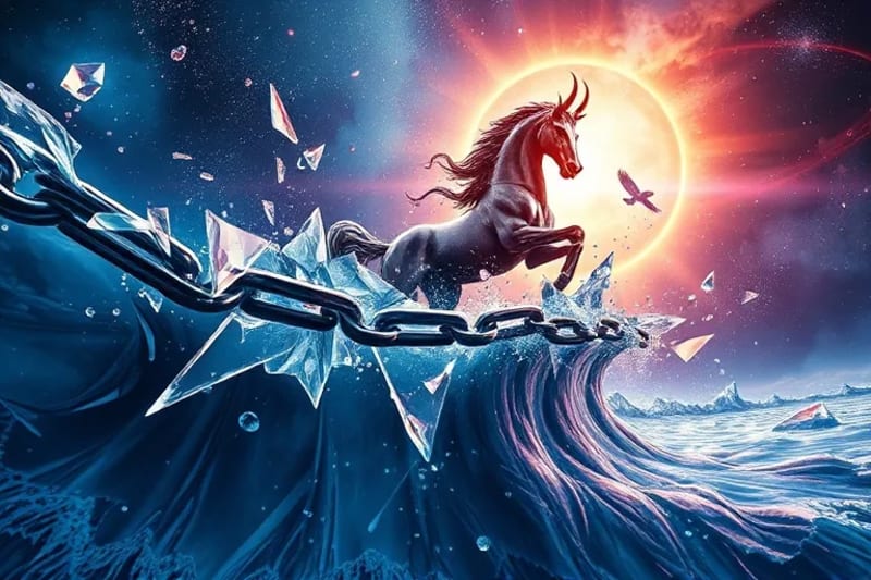 Shattered glass transforming into water, with a centaur breaking chains, symbolizing catalytic change.