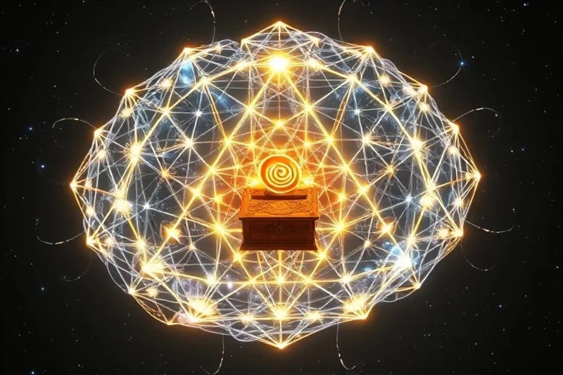 Crystalline pathways forming a brain, with symbolic objects, representing integration and transformation.
