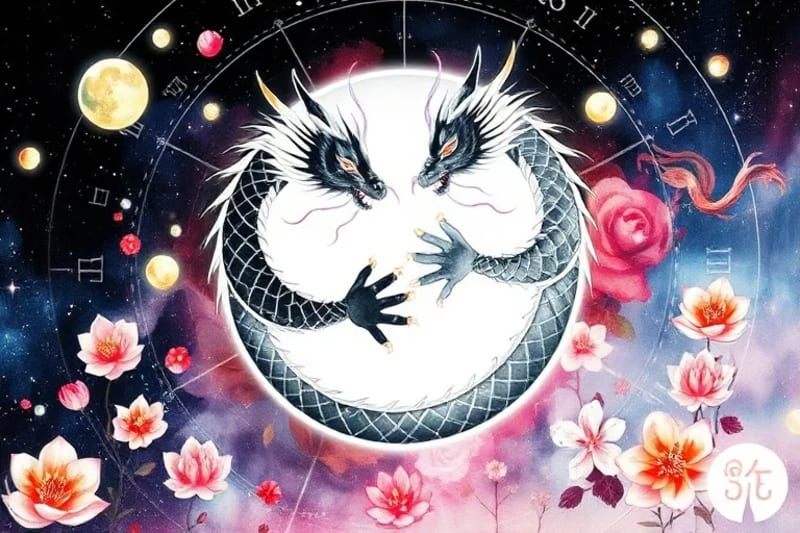 Símbolo yin-yang con dragones entrelazados y patrones florales en acuarela