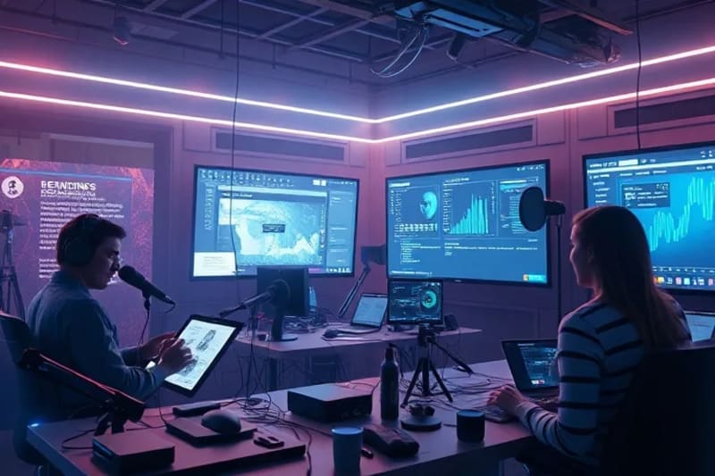 Diversidad de creadores digitales colaborando en un estudio creativo, con pantallas mostrando su contenido y líneas luminosas conectándolos, simbolizando una red de innovación.