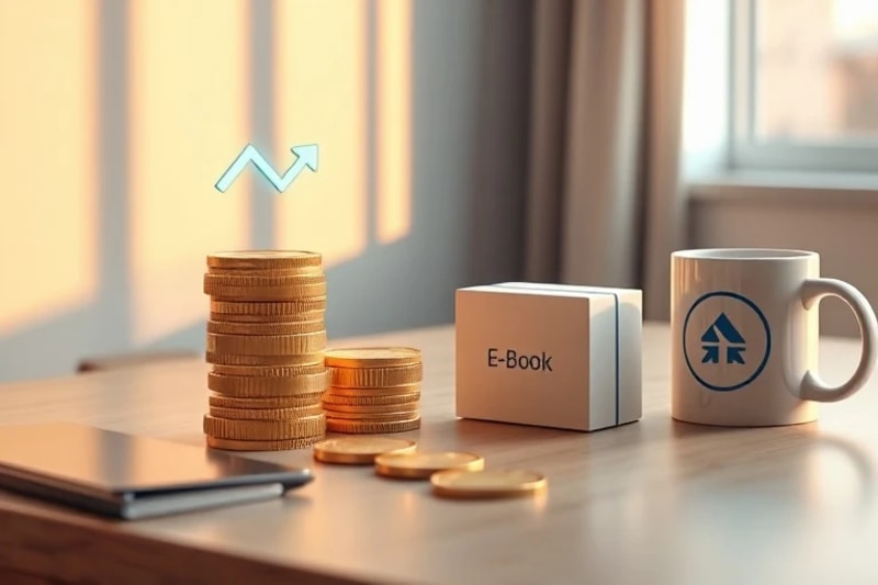 Bodegón digital con monedas, un icono de suscripción, una caja de producto digital y un artículo de merchandising, simbolizando la monetización directa y la independencia creativa.