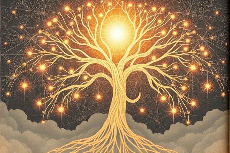 Representación abstracta de un árbol genealógico energético con hilos luminosos