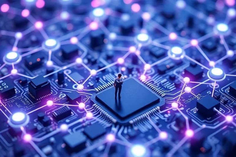 Representación abstracta de la economía del creador futura con formas geométricas interconectadas, nodos brillantes y proyecciones holográficas de NFTs, simbolizando innovación y propiedad digital.