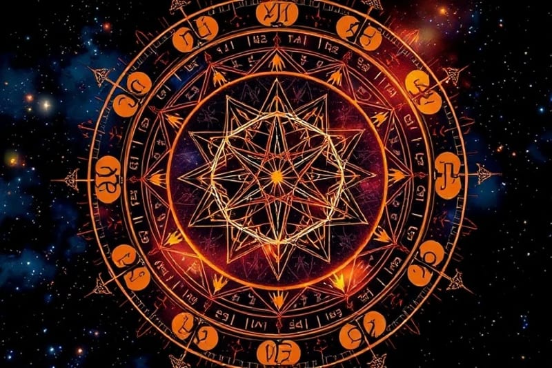 Stylized celestial sphere with interconnected zodiac signs, hinting at mythological figures within constellations.