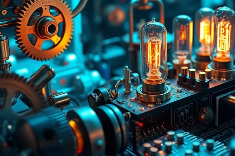 Engranajes y circuitos fusionados, representando la evolución de la lógica computacional.