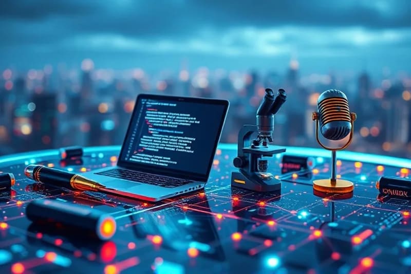 Render 3D de un paisaje digital con herramientas profesionales (pluma, editor de código, microscopio, micrófono) integradas en una red de IA, representando las aplicaciones multidisciplinares de la IA generativa.