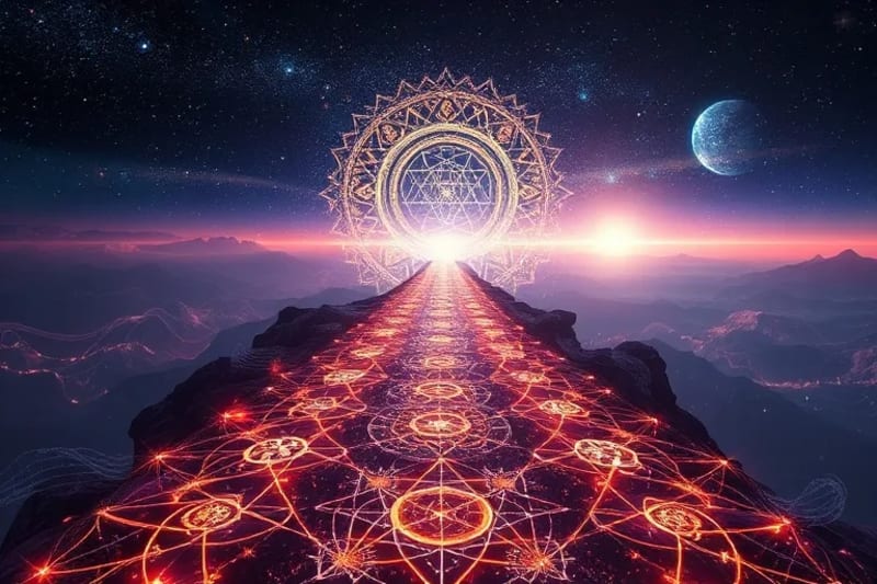 Winding road of light with ancient symbols, representing a destined life path
