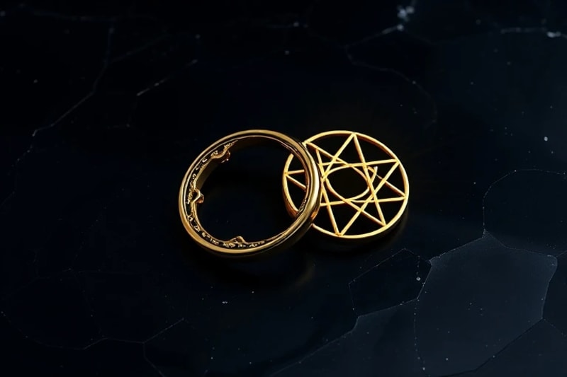 Two golden rings intertwined, adorned with astrological symbols, on an obsidian surface