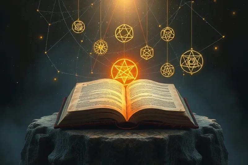 Antiguo libro con símbolos herméticos y energía mística