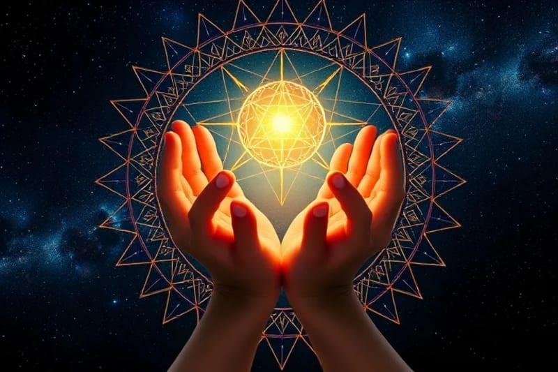 Hands holding a glowing orb connected to planetary symbols